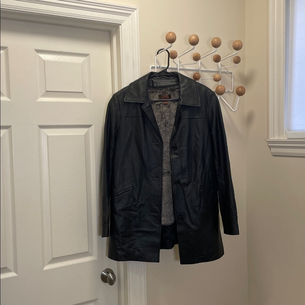 Danier - Classic 90s Vintage Button Down LeatherJacket With Liner - Black S